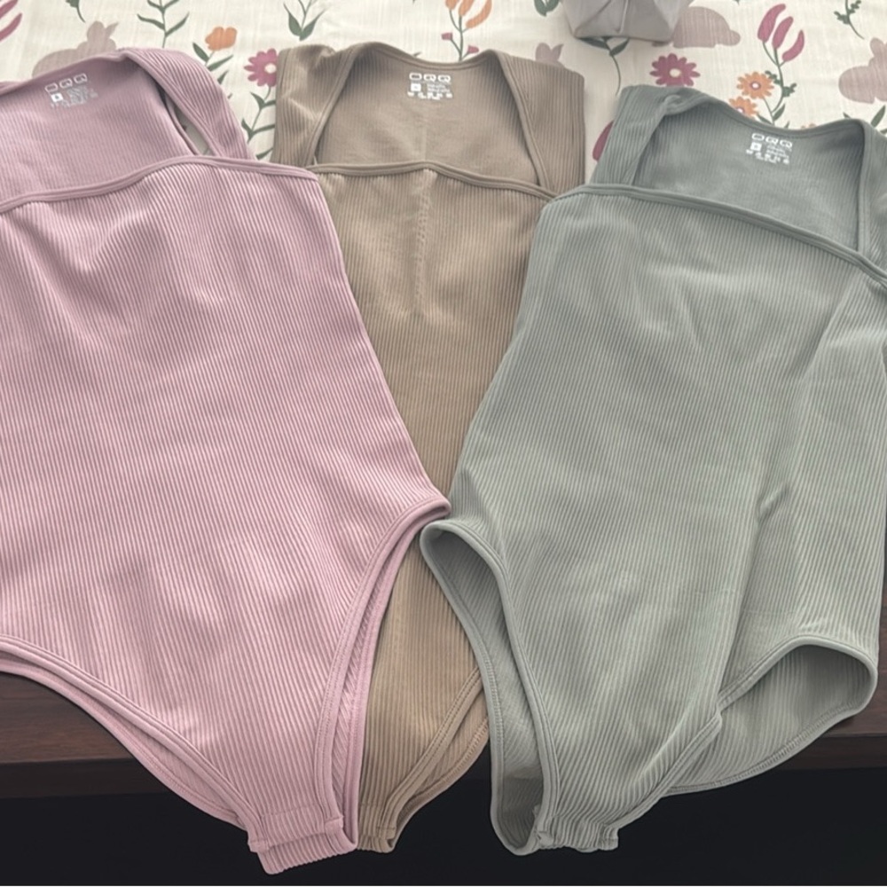 Ribbed Bodysuit Set - Pink, Tan, Green